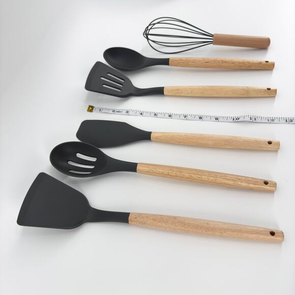 11-Piece Silicone Kitchen Utensil Set with Wooden Handles and Holder - BPA Free - Picture 4 of 9
